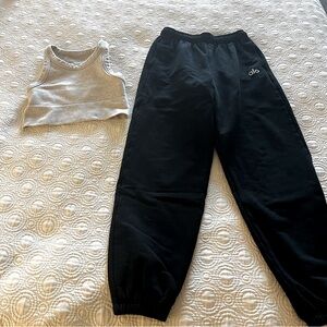 Alo yoga Accolade black jogger pants XXS + High Neck Bra Oatmeal Heather M